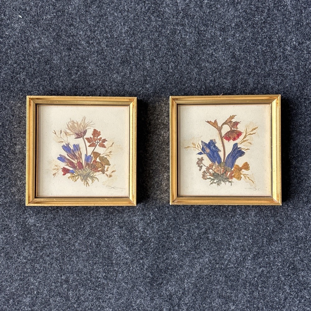 2 Vintage Framed Dried Pressed Flower Wall Art 5x5 Austria Miniature Cottage MCM